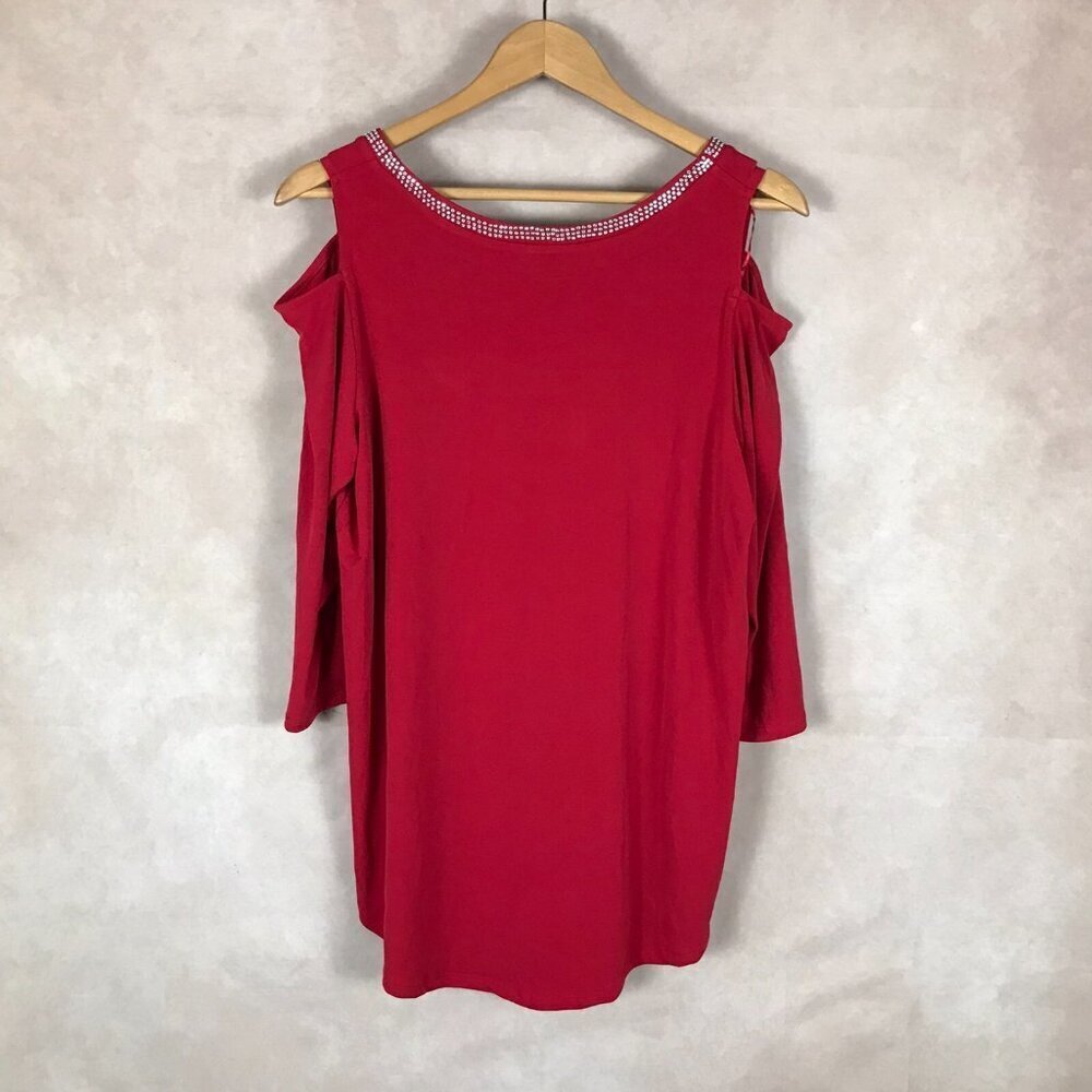 JM COLLECTION Red Cold-Shoulder Studded Knit Top NEW 0X - Picture 12 of 14